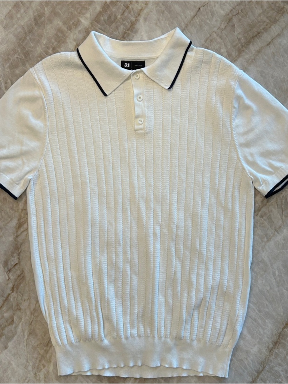 Le 31 Simons Cotton Ribbed Knit Polo Cream Black Trim L EUC